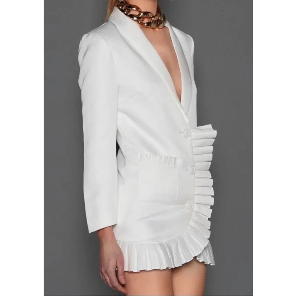 M13 White Ruffle‎ Trim Blazer Dress Shawl Collar Long Sleeve Pleated Mini Jacket